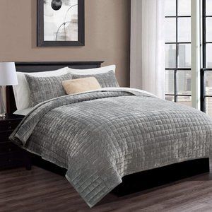 Gray Soft Quilted Squares Velvet Grey Bedding Set King Size Bed Quilt and Shams